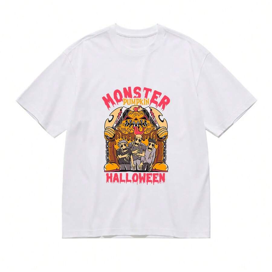 Unisex Halloween Monster Pumpkin Skeleton Graphic T-Shirt 100% Cotton 180g Casual Short Sleeve Tee For Men Women Holiday Party Costume - 白色 - 查看 1