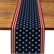 1pc Linen Patriotic Table Runner - Navy Blue & Red Stripes With White Stars, 13x48/72/108 Inch Holiday Decor For Fourth Of July, Memorial Day, Dining Room, Living Room, Party Centerpiece, Festive Table Setting, Starpattern Design, Quality Fabric Craft - 彩色 - 查看 1