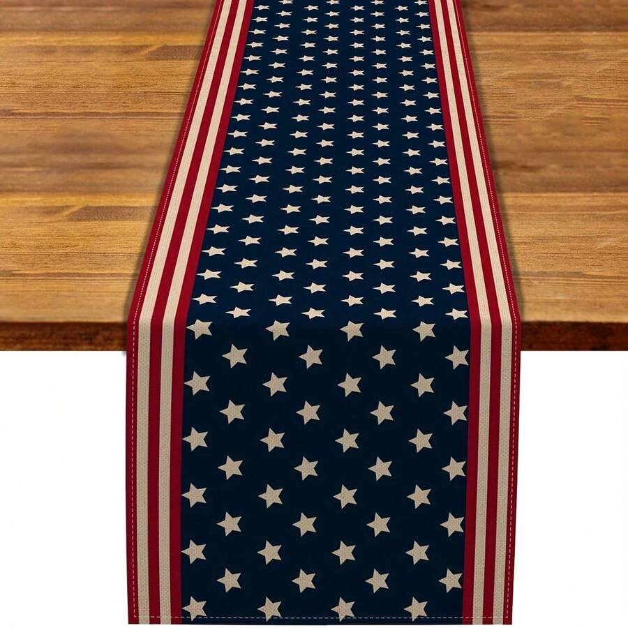 1pc Linen Patriotic Table Runner - Navy Blue & Red Stripes With White Stars, 13x48/72/108 Inch Holiday Decor For Fourth Of July, Memorial Day, Dining Room, Living Room, Party Centerpiece, Festive Table Setting, Starpattern Design, Quality Fabric Craft - 彩色 - 查看 1