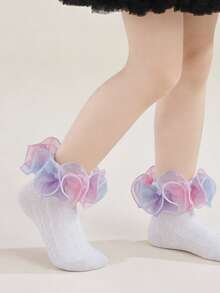 1双纯棉儿童蕾丝边短袜，蓬松蕾丝网眼女童蕾丝边袜，可爱公主舞蹈袜 - 白色 - 查看 3
