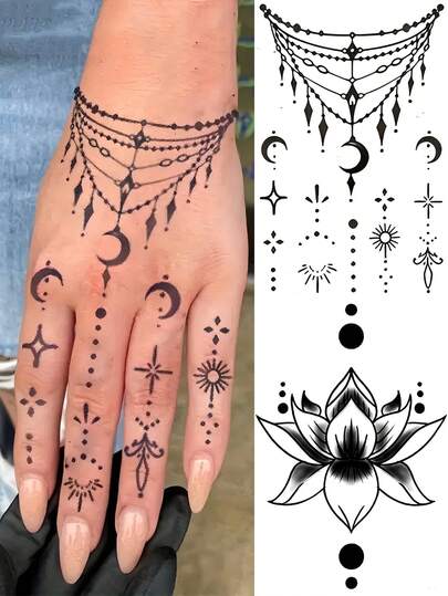 1 hoja de tatuajes temporales de Hannah Pendant Moon Lotus en estilo Y2K para mujeres, hombres y adultos en manos, dedos, pies, cuello, clavícula, cintura, piernas, muslos, hombros, tobillos, antebrazos, pantorrillas, medias mangas y brazos. Tatuajes temporales semiperma-nentes, resistentes al agua y de larga duración, con diseños realistas.