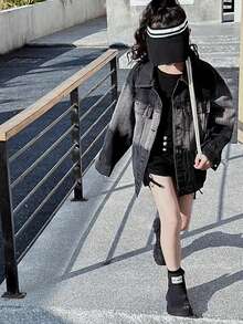 Tween Girl Dropped Shoulder Long Sleeve Single-Breasted Casual Loose Denim Jacket, Autumn