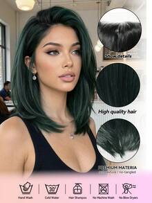 12英寸短直北极星深绿色自然假发，13*4蕾丝前额手工编织蕾丝化纤高密度假发，适合日常角色扮演、派对、婚礼、音乐节、圣诞礼物等场合。进口丝绸材质。 - 彩色 - 查看 6