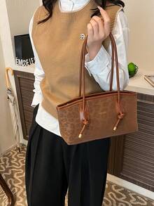 1个复古大容量手提包，通勤超大腋下包，时尚摩托车女士手提包，PU实心油皮，肩带装饰，拉链封口，酒红色，户外办公女士单肩包，大学生背包，短途旅行，度假，礼物，情人节，纪念品，女友生日，购物，商务，最佳选择，适合日常使用 - 棕色 - 查看 3