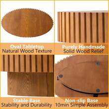 Modern Wood Round Coffee Table - Handcraft Fluted Coffee Tables With Sturdy Base, Easy Assembly, Contemporary Style Circle Coffee Table Small Tea Table For Living Room, Apartment, Office (White Thick) - Natural Oval - View 7