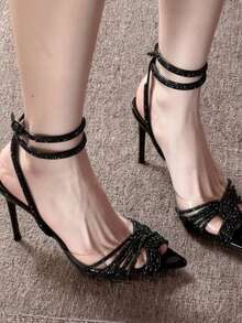 10厘米高跟尖头透明PVC水钻凉鞋，2026夏季新款婚宴鞋 - 黑色 - 查看 2