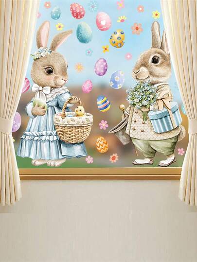 2pcs Large Easter Bunny Window Clings, Static Cling Decals For Windows And Entrances, Made Of Soft-Toned PVC Material With Cute Basket And Gift Box Patterns, Double-Sided Visibility, Suitable For Living Room, Bedroom, Storefront Displays, Spring Easter Decoration, Creative Gift Choice, Birthday Holiday Easter Party Supplies