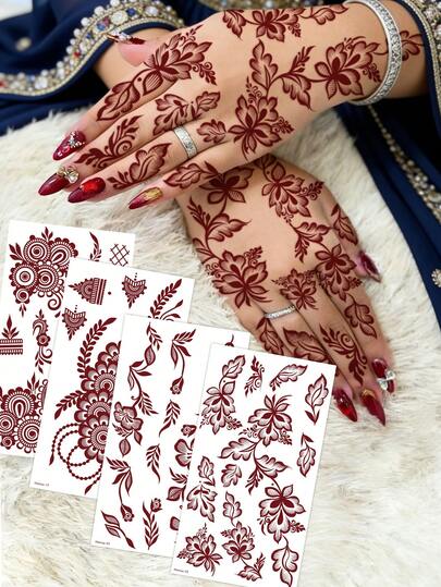 4 Sheets Full Hand Flower Design Brown Red Maroon Sexy Foot Finger Hand Tattoo Sticker Women Flower Henna Tattoo Sticker Flower Waterproof Sticker Brown Tattoo Sticker Women Body Art Sticker Wedding Party Brown Red Tattoo Sticker