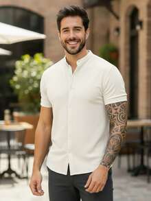 Men's Slim Fit Dress Shirt With Mandarin Collar And Short Sleeves - 香檳色 - 查看 2