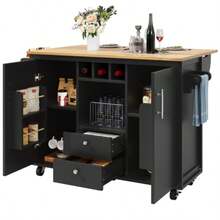 Island Kitchen Unit 120 X 73 (45) X 92 Cm Freestanding Kitchen Shelf Kitchen Trolley And Folding Work Table, With Towel Rail Spice Rack Wine Rack Adjustable Shelf, White/Black - Black - View 6