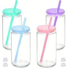 8/4pcs 16oz Double Wall Glass Tumbler, DIY Glitter Mason Jar Cup With Lid, Straw And Silicone Plug - Hand Wash, BPA & PVC Free - Multicolor - View 13