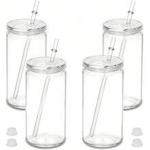 8/4pcs 16oz Double Wall Glass Tumbler, DIY Glitter Mason Jar Cup With Lid, Straw And Silicone Plug - Hand Wash, BPA & PVC Free - Multicolor - View 12