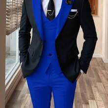 Men's 3pcs Suit Color Block Wedding Formal Party Events Tuxedo Suit Elegant Casual Working Business Suit 34S 36S 38S 40R 42R 44R 12.15gal - 寶藍色 - 查看 1
