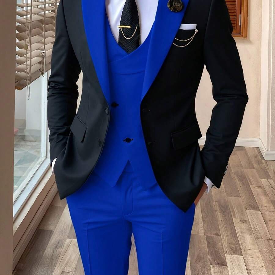 Men's 3pcs Suit Color Block Wedding Formal Party Events Tuxedo Suit Elegant Casual Working Business Suit 34S 36S 38S 40R 42R 44R 12.15gal - 寶藍色 - 查看 1