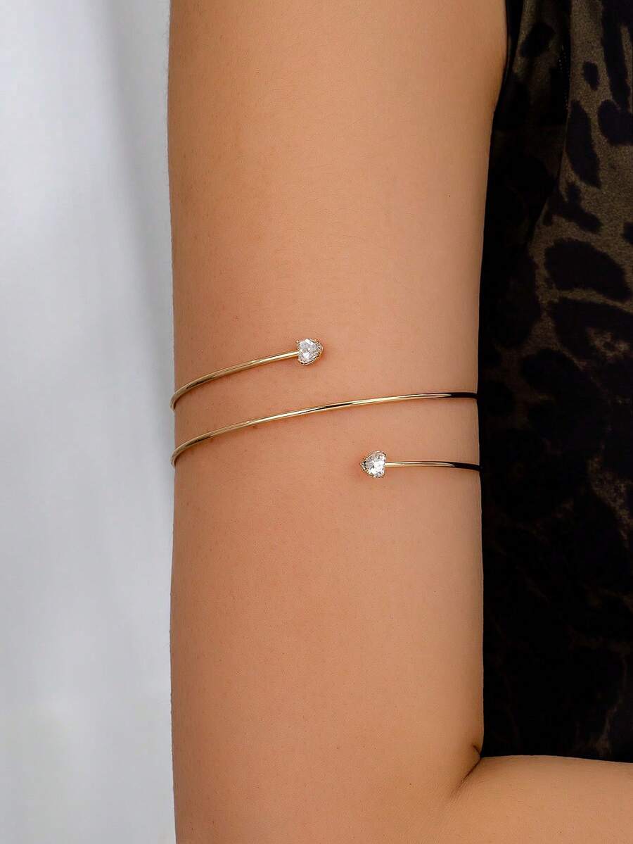 1 件装心形水晶装饰金色金属丝臂环，缠绕式设计，女士上臂带