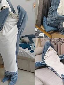 成人鲨鱼连帽毯、鲨鱼服装、可穿戴鲨鱼毯、舒适鲨鱼睡衣、超柔软舒适法兰绒鲨鱼连帽毯、家庭鲨鱼连帽毯、可穿戴鲨鱼睡袋、女士礼物、男士礼物、个性化礼物 - 彩色 - 查看 5