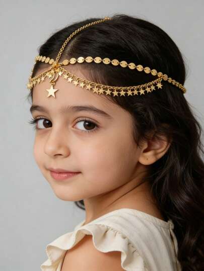 Diadema de estilo bohemio de moda con colgante de cadena de aleación de luna y estrella con cristal. Accesorio exquisito. Adecuado para que las niñas lo usen en fiestas, eventos festivos, el festival de Ramadán, ocasiones diarias o como útiles escolares. Las niñas también pueden usarlo.