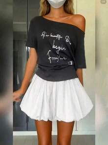 Solstice Apparel 泡泡褶高腰A字迷你裙，白色缎面面料，适合通勤、日常穿着、约会、春夏、情人节等场合。 - 白色 - 查看 4