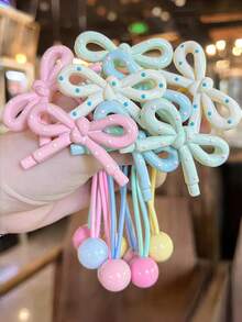 4 chiếc dây buộc tóc co giãn hình nơ chấm bi màu kem dễ thương, đa năng dành cho bé gái - Nhiều màu - Xem 3