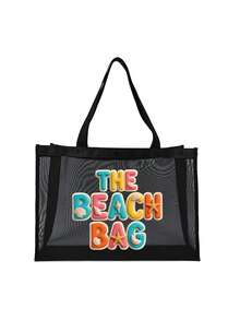 尼龙字母印花沙滩网眼手提包，沙滩度假风沙滩包，彩色蝴蝶结图案，大容量沙滩包，自用或送礼佳品，适合送给朋友、母亲、老师等，大容量手提包 - 彩色 - 查看 11