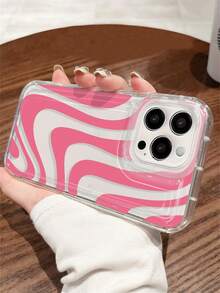 1pc Asymmetrical Pink Pattern Transparent Soft Shockproof Thick Phone Case With Wavy Stripes, Full Coverage Anti-Slip Design Compatible With IPhone 11 12 XR 13 13 Pro 13 Pro Max 14 14 Pro 14 Pro Max 15 15 Pro 15 Plus 15 Pro Max 16 16 Pro 16 Plus 16 Pro Max, Galaxy S25, Galaxy S25 Ultra, Galaxy S25 Plus - Multicolor - View 2