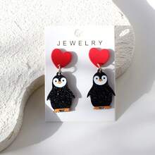 1 Pair Sparkling Red Heart & Penguin Acrylic Dangle Earrings For Women, Pure Love Ceramic Texture Cute & Elegant, Suitable For Daily, Party, Holiday, Gift - Y1132 - View 6