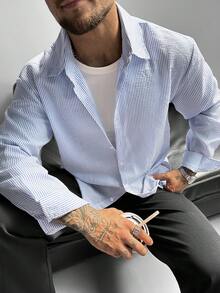 GloMan 男士度假长袖衬衫，复古亚麻混纺条纹纽扣衬衫，宽松男女通用蓝白条纹休闲衬衫，四季皆宜情侣装，适合海滩、音乐节、约会之夜等各种场合，是情人节、父亲节、周年纪念日和母亲节的完美礼物。 - 藍色 - 查看 4