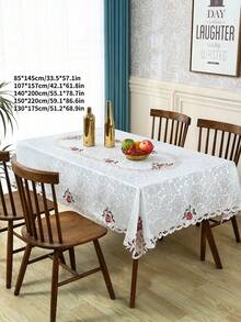 1pc Handmade Hollow Embroidered Floral Tablecloth, Pastoral Polyester Rectangular/Square Floral Tablecloth, Suitable For Dining Table, Coffee Table, Daily Home Decor And Wedding/Party/Holiday - Rose Red - View 5