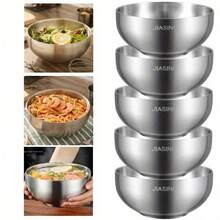 1-5 Pcs Stainless Steel Double Layer Bowl Set - Round Noodle And Soup Bowls, Large Diameter And Deep Capacity - Suitable For Home Use, Keeps Food Warm/Cold - Silver Double-layered Bowl - View 2