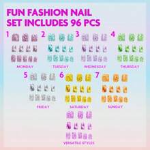 96 Pcs Glitter-Glamup And Metallic Press-On Nails Artificial Fake False Nails Set For Tweens With Pre-Glue Full Cover Acrylic Nail Tip Kit Great For Gifts Parties Sleepovers And Makeovers - Purple - View 2