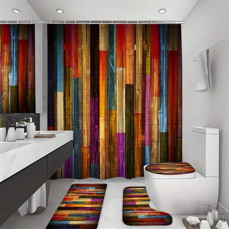1 Set/4 Pcs Colorful Wood Grain Pattern Bathroom Accessory Set, Including Shower Curtain, Bath Mat, Toilet Seat Cover, And Bath Rug. Fashionable Theme, Machine Washable, Made Of Polyester, With Hooks - Multicolor - View 16