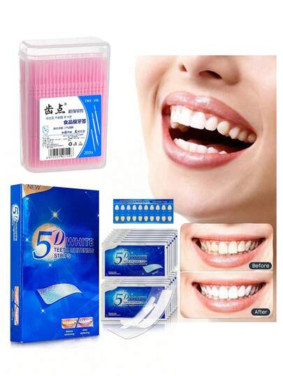 200pcs/Box Disposable Dental Floss Picks + 1 Pack Teeth Whitening Strips, Portable Adult Oral Care Dental Floss