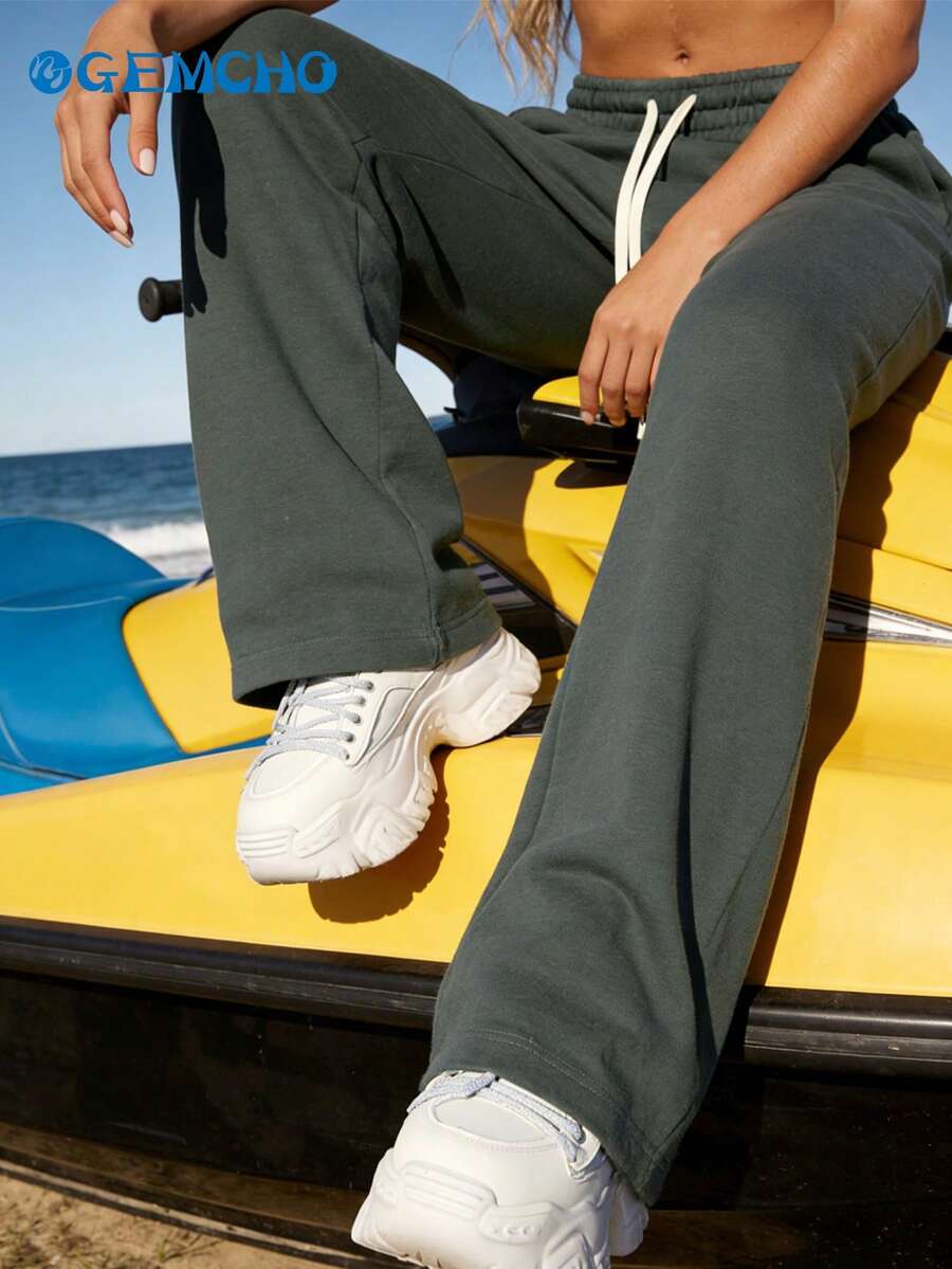 GEMCHO 女士涤纶运动裤，带口袋，针织面料略带弹性，休闲跑步裤，运动服，适合所有季节 - 深灰色 - 查看 1