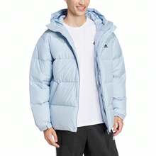 Adidas Daily PUFFY DOWN JKT Logo Pattern Hooded Down Jacket, Warm, Comfortable, Casual, Lightweight, Unisex, Blue.