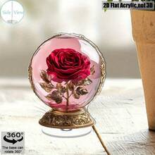 2D Acrylic Rotating Crystal Desktop Decor - Beautiful Preserved Red Rose In Glass Ball, Luxury Gold Base, 360 Degree Rotation, Perfect Home Decor | Beautiful Desktop Decoration | Detailed Petal Design, Floral Decor - Multicolor - View 2