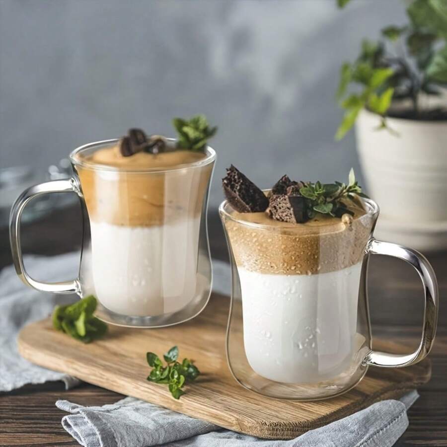 1-2-4pcs/Set 250ml Double Wall Glass Cup With Handle, Reusable Coffee Mug Suitable For Tea, Latte, Macchiato, Espresso, Milk, Cappuccino, Ideal Birthday & Holiday Gift - Multicolor - View 1