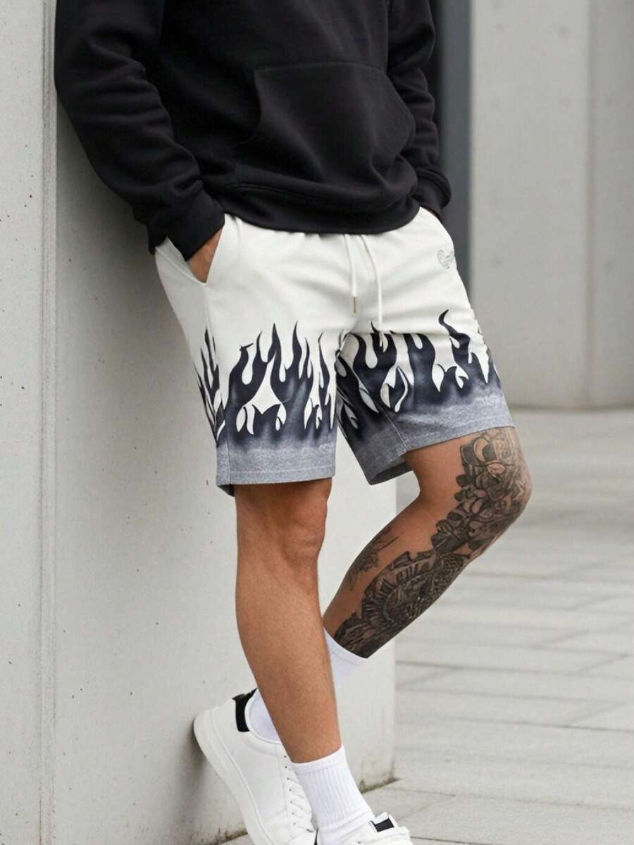 Men's Casual Printed Shorts, Outdoor Leisure Simple Knee-Length Pants For Summer - Black and White - View 1