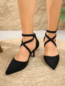 2026春秋新款女士经典尖头镂空高跟鞋，纤细性感闭趾交叉绑带高跟鞋 - 黑色 - 查看 7