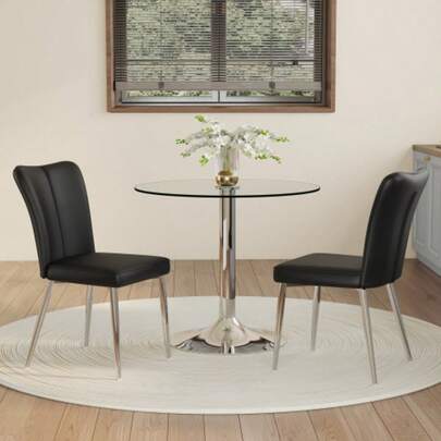 Esstisch-Set: Modern Minimalist Esstisch Aus Sicherheitsglas Mit 85 Cm Durchmesser, Kombiniert Mit 2 Schwarzen PU-Esszimmerstühlen Mit Silberfarbenen Stützbeinen. Geeignet Für Esszimmer, Küche.