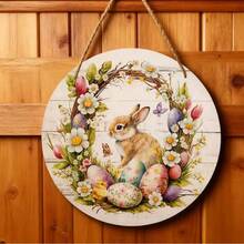 复活节兔子和彩蛋圆形木质牌匾，家居墙面装饰花环挂饰 - 彩色 - 查看 5