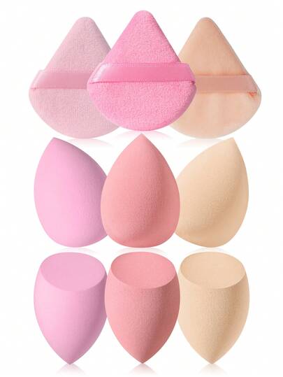 9PCS Makeup Tools Set Including:6PCS Makeup Sponges+3PCS Triangle Powder Puffs