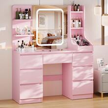 DEVOKO Dressing Table With Mirror And Stool, Vanity Table With LED Lights, Adjustable Brightness, Makeup Desk With 7 Drawers And 4 Shelves, Modern, Pink - Pink - View 2