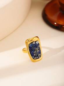 Lapis Lazuli Chip Open Ring For Women - Crescent/Rectangle/Butterfly/Teardrop Shaped Open Jewelry, Suitable For Retro Luxury, Daily/Casual Wear - Gold - View 6