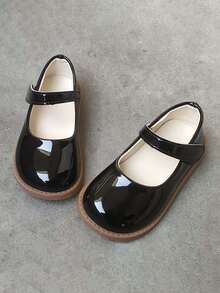 1双女童可爱亮面漆皮公主平底鞋，透气软底防滑多功能儿童乐福鞋，简约时尚婴幼儿学步鞋，魔术贴方便穿脱玛丽珍鞋，适合春、夏、秋季穿着 - 黑色 - 查看 1