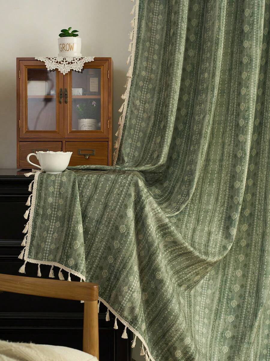 1 chiếc rèm cửa sổ phong cách Bohemian tự nhiên với viền dây leo màu xanh lá cây, chất liệu voan, phù hợp cho nhiều dịp khác nhau. - Nhiều màu - Xem 1