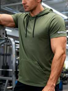 男士速干透气连帽短袖T恤，休闲运动风，男友风修身健身T恤，可机洗，适合户外、跑步、健身房训练 - 軍綠色 - 查看 4