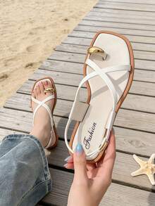 Nuevas sandalias de playa, elegantes sandalias planas versátiles de uso casual para mujer, sandalias planas de unicolor con punta abierta para mujer, sandalias de verano para mujer, sandalias planas para mujer, sandalias de punta abierta, pantuflas de punta abierta, pantuflas blancas, sandalias blancas, sandalias de dedo, sandalias de dedo - Blanco - Ver 1