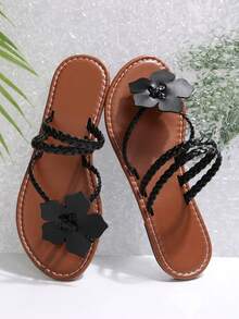 Women's Casual Outdoor Slip-On Sandals, Solid Color, European & American Style, Flat, Floral, Round Toe, Low Heel, Beach Shoes, Summer - Black - View 7