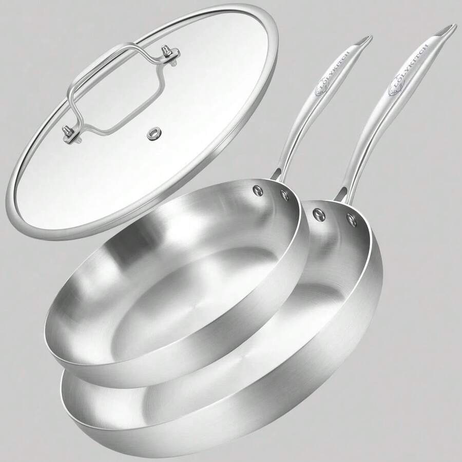 Stainless Steel Frying Pan Set With Lid, 8.5 To 10 Inch Skillets, Suitable For Induction Cooking,  For Dishwasher And Oven, Riveted Handle - Multicolor - View 1