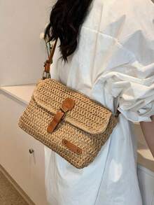 Vintage Fashion Large Capacity Woven Tote Bag, Beach Vacation Straw Shoulder Crossbody Bag - 卡其色 - 查看 7